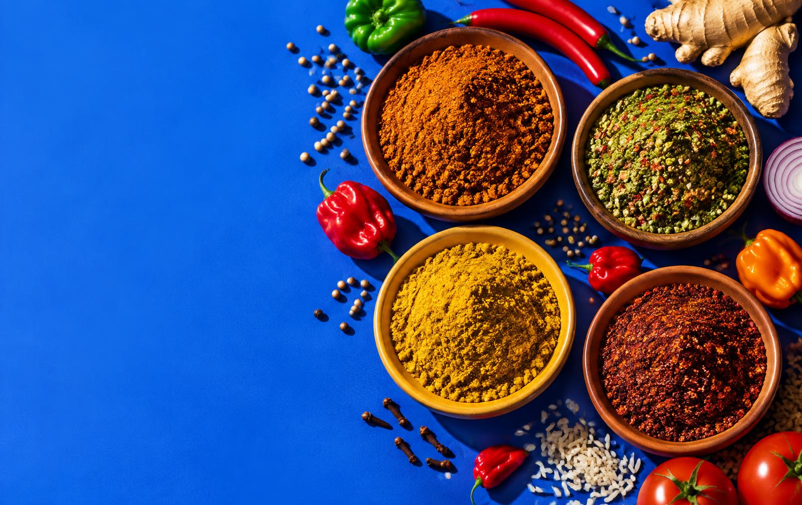 Colourful bowls of Nigerian spice blends